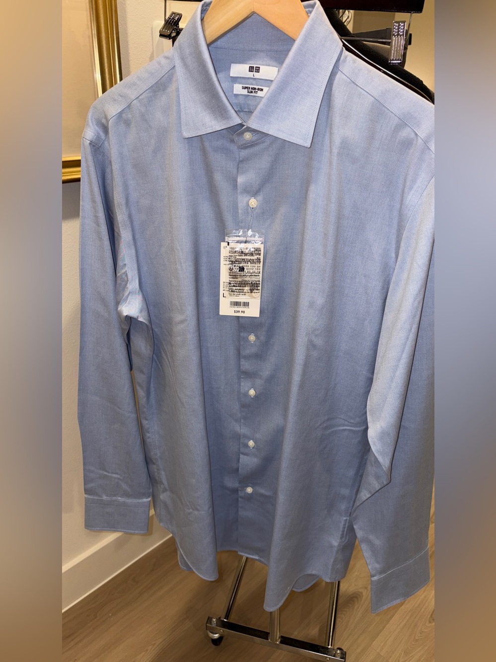 Uniqlo SUPER NON-IRON SLIM FIT Men's Dress Shirt Light Blue Sz Large 17/34-35